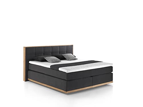 Mivano Levana Boxspringbett mit Sockel aus Eiche, 7-Zonen-Federkern, Matratzen H2/H3 + Topper Premium, Chenille, Schwarz, Liegefläche 180 x 200 cm von Mivano