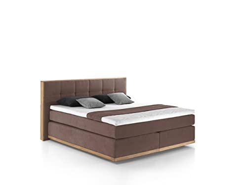 Mivano Levana Boxspringbett mit Sockel aus Eiche, 7-Zonen-Federkern, Matratzen H2 + Topper Premium, Mikrofaser, Braun, Liegefläche 180 x 200 cm von Mivano