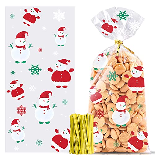 100 Stück Weihnachten Süßigkeiten Tüten, Cellophantüten, Schneeflocke Weihnachten Plätzchentüten, Kekse Goody Taschen mit 100 Stück Twist Krawatten für Plätzchen Kekse Pralinen (Schneemann) von Mizijia