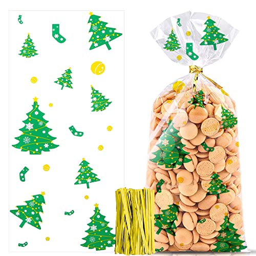 100 Stück Weihnachten Süßigkeiten Tüten, Cellophantüten, Schneeflocke Weihnachten Plätzchentüten, Kekse Goody Taschen mit 100 Stück Twist Krawatten für Plätzchen Kekse Pralinen (Weihnachtsbaum) von Mizijia