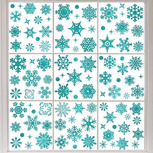 Fensterdeko Schneeflocken, 93 Glitzer ​Hellblau Schneeflocke Abnehmbare Wiederverwendbare Statisch Haftende PVC Aufkleber, weihnachtsdeko für fensterschmuck weihnachten,Türen, Schaufenster von Mizijia