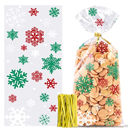 MIZIJIA 100 Stück Weihnachten Süßigkeiten Tüten, Cellophantüten, Schneeflocke Weihnachten Plätzchentüten, Kekse Goody Taschen mit 100 Stück Twist Krawatten für Plätzchen Kekse Pralinen(rot grün) von Mizijia