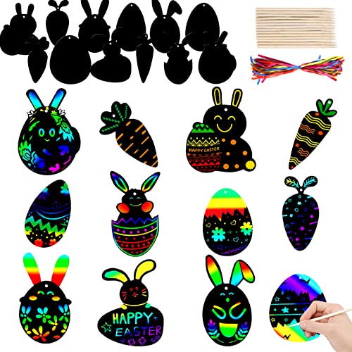 Mizijia Ostern Kratzbild, 24 Stück Ostern Kratzbilder Kinder, Oster Kaninchen Karottenei Scratching Painting, Kinder Set Magische Regenbogen scratch art DIY Handwerk (Farbige Hase) von Mizijia