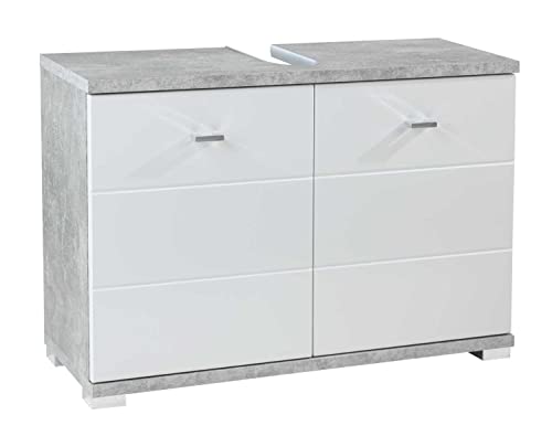 Möbel Jack Waschbeckenunterschrank Waschtischunterschrank Badezimmerschrank | Dekor | Betonoptik | Weiß Hochglanz | 2 Türen | BxHxT 80x57x30 cm von Möbel Jack