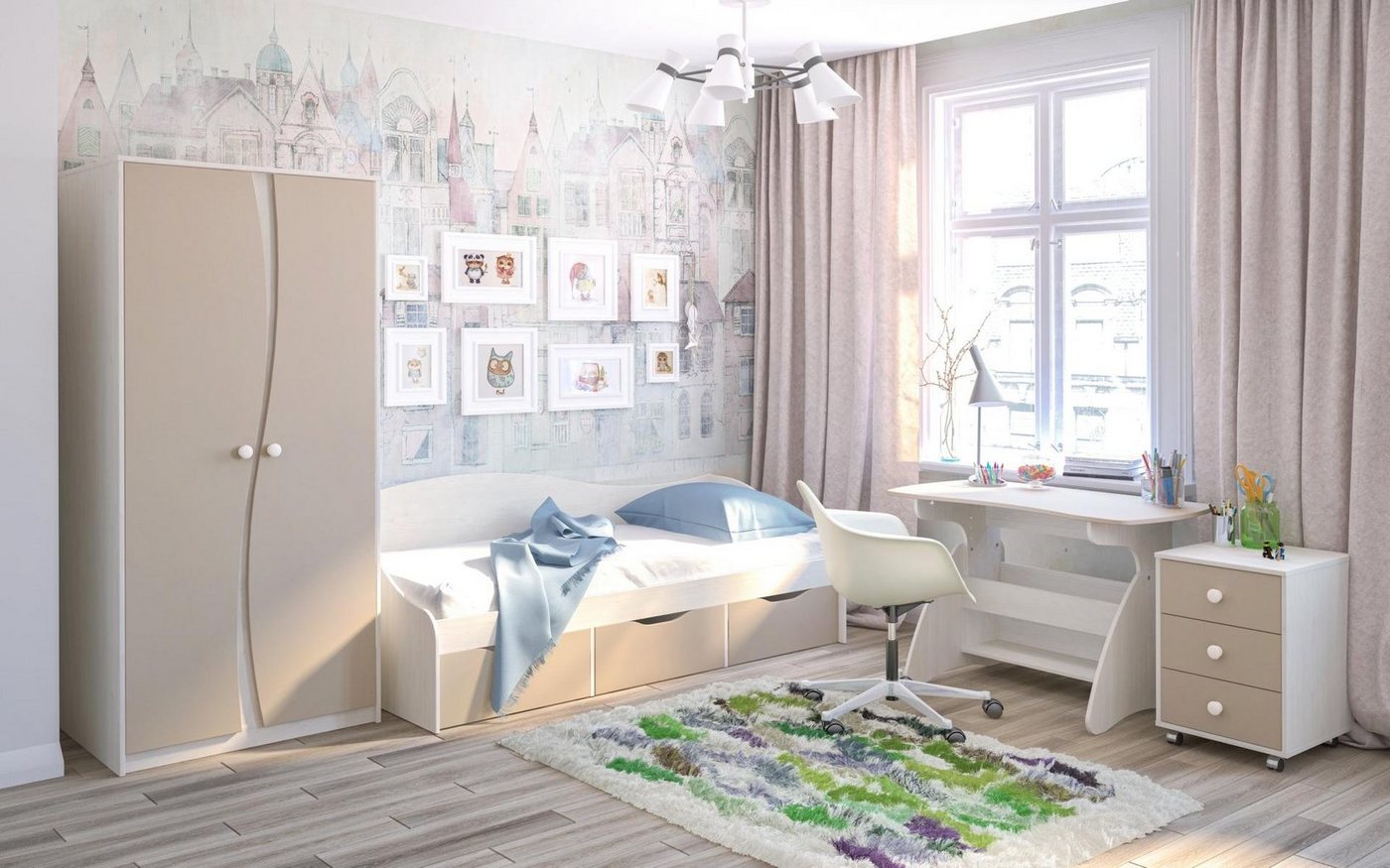 Möbel-Lux Jugendzimmer-Set Kombi, (4-St., Stauraumbett, Kleiderschrank, Schreibtisch, Rollcontainer) von Möbel-Lux
