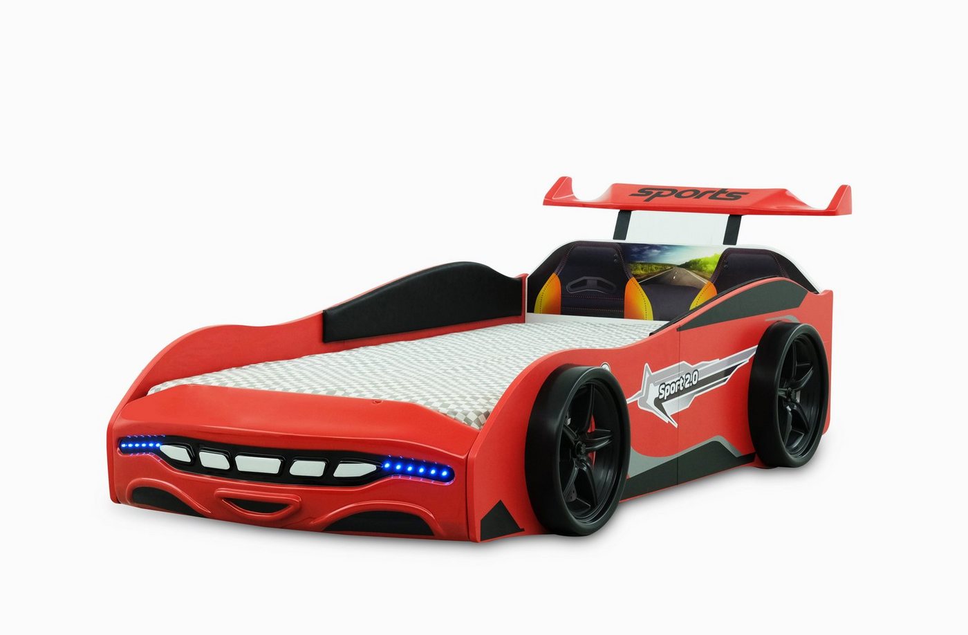 Möbel-Lux Kinderbett Sport 2.0, Kinder Autobett mit LED Scheinwerfer und Spoiler von Möbel-Lux