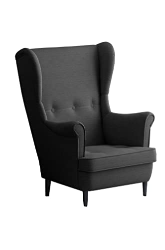 Leo Lounge Sessel mit Armlehnen, Stuhl aus Stoff mit Holz Füßen, Ohren- & armlehnensessel, Polsterstuhl, Ohrensessel, Ohrensessel groß, für Esszimmer & Wohnzimmer (Dunkelgrau, Ohne Hocker) von Möbel48.