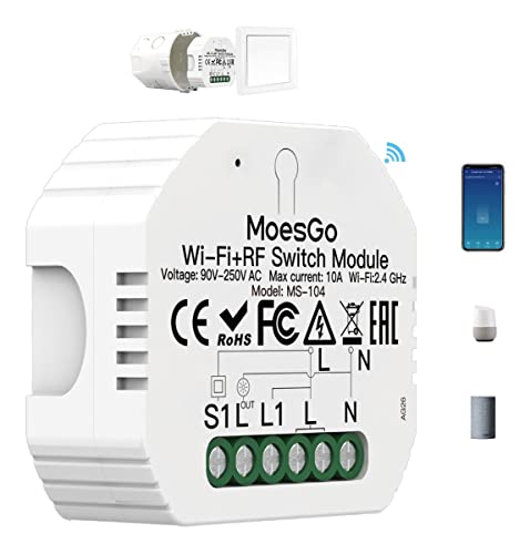 MoesGo Wlan 2.4GHz Smart Alexa Lichtschalter Unterputz Funk Relais,Wireless RF433 Light Switch Modul, Kompatibel mit Smart Life Tuya App, Alexa und Google Home, 1/2 Weg【Neutralleiter erforderlich】 von MoesGo
