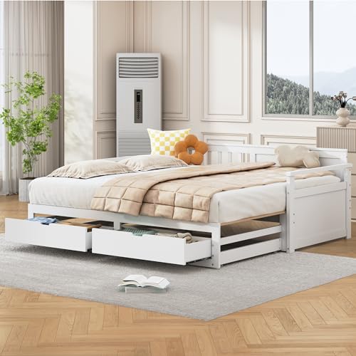 Moimhear Multifunktionales Zwei-in-Eins-Tagesbett mit Kiefernbett, Schubladen und Ausziehbett (Weiß) von Moimhear