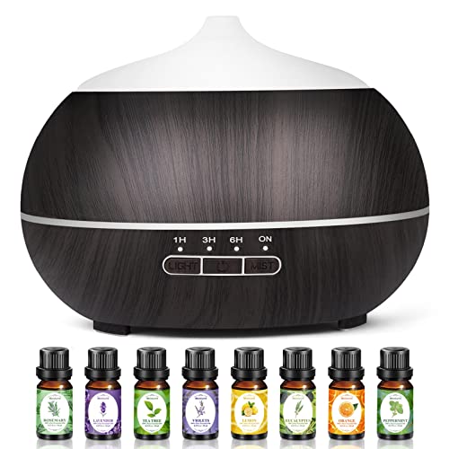 Aroma Diffuser Ätherische Öle Luftbefeuchter: 500ml Ultraschall Luft Aetherische Öl Diffusor Set mit 8 x 10 ml Duftoel Raumbefeuchter Duft Humidifier Raumduft Holz Vernebler für Raum Schlafzimmer von HAPPTWS