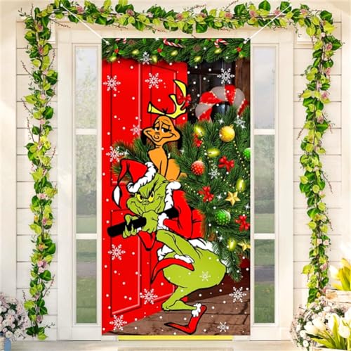 Molinter Weihnachten Türdeko Grinch Elves Santa Door Cover Hintergrund Banner Rot Outdoor Poster Weihnachtsdekoration für Haustür (A) von Molinter