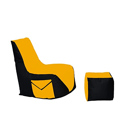 Momiralland Komfort Sitzsack XL - XXL mit Hocker Sitzkissen BodenKissen Sessel In- & Outdoor geeignet Gaming Sitzsack für Erwachsene und Kinder (Schwarz – Gelb, XXL - Durchmesser 80 cm) von Momiralland