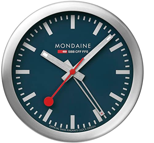 Mondaine Mini-Wanduhr und Wecker mit Gehäuse aus Aluminium, tickender Sekundenzeiger, in der Farbe: Silber/Blau, Glas: Mineralglas, A997.MCAL.46SBV.1 von Mondaine