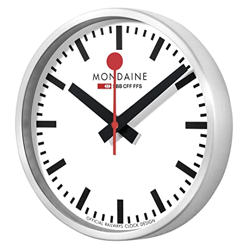 Mondaine Official Swiss Railways WiFi stop2go Wanduhr 25cm, Quarz Smart Uhrwerk, minimalistisches Design, roter Sekundenzeiger, Bluetooth Raumtemperatur Anzeige von Mondaine