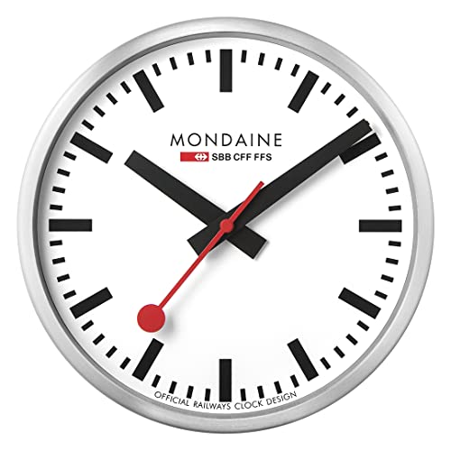 Mondaine - Wanduhr A990.Clock.16SBB 25cm - Bahnhofsuhr in Silber aus gebürstetem Aluminium mit rotem Sekundenzeiger staubbeständig - Hergestellt in der Schweiz von Mondaine