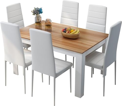 Mondeer Esstisch mit 6 Stühlen Set, Essgruppe mit Hochlehner Kunstleder Stuhl für Küche Esszimmer Wohnzimmer, W138 x D90 x H75 cm, Weiß und Eiche von Mondeer