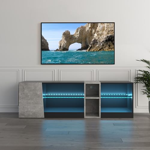 Mondeer TV Schrank, LED TV Lowboard Fernsehtisch mit 5 offenen Fächern und 1 Tür Geeignet, für Wohnzimmer Schlafzimmer, B140 x H45 x T37,5 cm, Schwarz und Grau von Mondeer