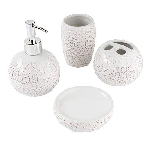 MONTEMAGGI, 4-teiliges Bad-Set aus Keramik, Flachrelief, Weiß Inklusive Spender, Zahnbürstenhalter, Becher und Seifenschale von Montemaggi