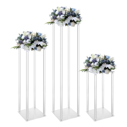 3 Pcs Hohe Klare Blumenständer Rechteckige Blumensäule aus Acryl, Abnehmbar Geometrische Blumenregale Blumenboden Vase, Hochzeit Blumenvasen Säule Tafelaufsätze mit Acrylplatte (40/60/80 cm) von MooBeey