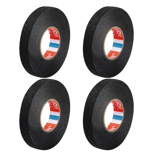 Isolierband aus Baumwolle, 4 Stück Auto Gewebeband Klebeband Schwarz Filzband 15 mm x 15 m, KFZ Stoffauto Tape, Selbstklebend Tuch Kabelbäume Kabelisolierung, zum Schutz, Bündeln und Reparieren von MoonSing