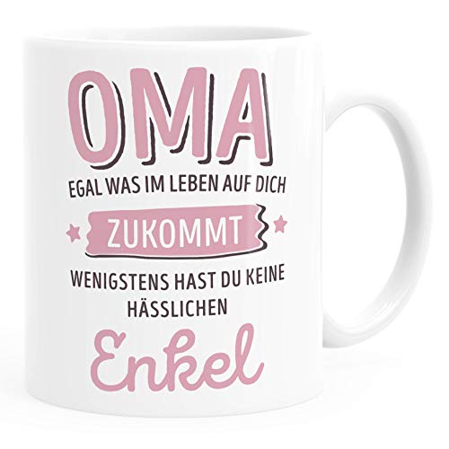 MoonWorks® Geschenk Tasse anpassen egal was im Leben auf dich zukommt wenigstens hast du keine hässlichen Kinder Kaffee-Becher Oma-Enkel weiß Keramik-Tasse von MoonWorks