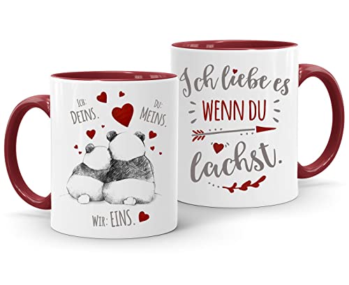 MoonWorks® Kaffee-Tasse Panda Ich Deins Du Meins Wir Eins Liebes-Geschenk Liebesbeweis Geschenkidee Freund Freundin Wenn du lachst bordeauxrot Keramik-Tasse von MoonWorks