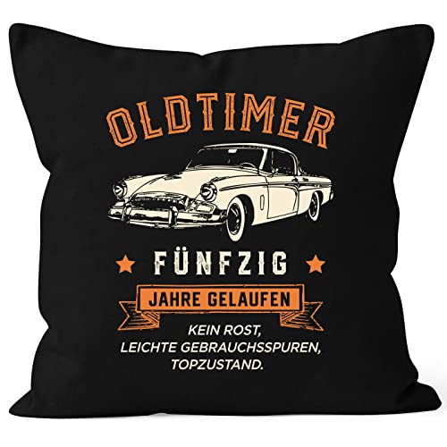 MoonWorks® Kissenbezug Geburtstag Oldtimer Retro Design Print Vintage Auto Geschenk für Männer 50 Jahre schwarz 40cm x 40cm von MoonWorks