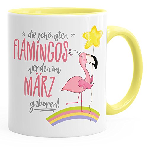 MoonWorks Geschenk-Tasse die schönsten Flamingos werden im März geboren Geburtstags-Tasse Geburtstmonat Wunschmonat Kaffee-Tasse hellgelb unisize von MoonWorks