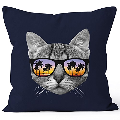 MoonWorks Kissenbezug Katze mit Sonnenbrille Kissen-Hülle Deko-Kissen 40x40 Baumwolle Navy 40cm x 40cm von MoonWorks