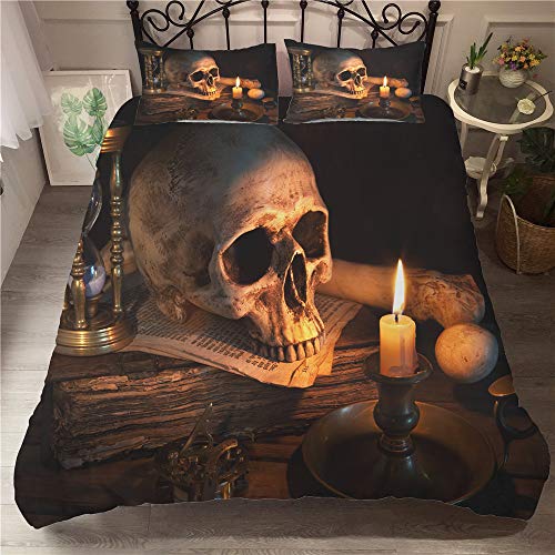 Morbuy Bettbezug Bettwäsche Set Dunkle Serie, Weiche Mikrofaser 3D Gothic Horror Schädel Drucken Bettwäsche Set mit Reißverschluss Bettbezug und Kissenbezüge (180x220cm,Vanitas Schädel) von Morbuy