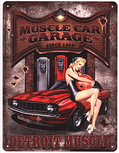 Blechschild Muscle Car Garage Frau auf Auto 25 x 33 cm Deko Schild mit Aufdruck Aufschrift von Moritz