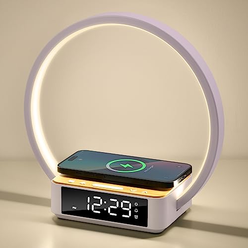 Morwealth LED Nachttischlampe Touch Dimmbar mit ladefunktion, 10W Wireless Charger Tischlampe tageslichtwecker mit Wecker Uhranzeige, Nachtlicht 3 stufige Helligkeit für Schlafzimmer Büro (Büro weiß) von Morwealth