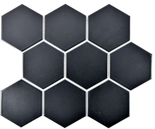 Mosaik Fliese Keramik Hexagon schwarz matt für BODEN WAND BAD WC DUSCHE KÜCHE FLIESENSPIEGEL THEKENVERKLEIDUNG BADEWANNENVERKLEIDUNG Mosaikmatte Mosaikplatte von conwire