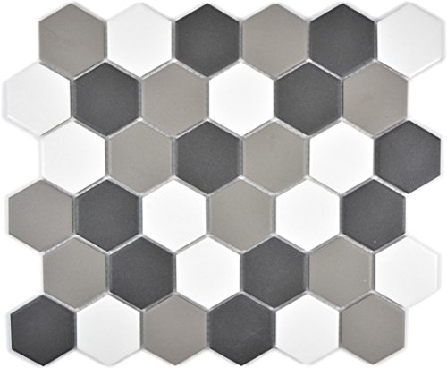 Mosaik Fliese Keramik Hexagon weiß grau schwarz unglasiert für BODEN WAND BAD WC DUSCHE KÜCHE FLIESENSPIEGEL THEKENVERKLEIDUNG BADEWANNENVERKLEIDUNG Mosaikmatte Mosaikplatte von conwire