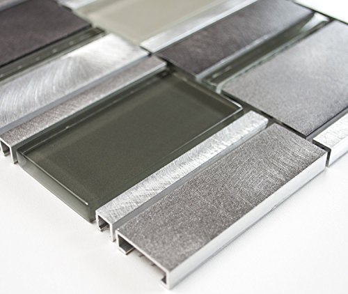 Mosaik Kombination Alu/Crystal mix klar/grau Aluminium Metall Mix Fliesenspiegel, Mosaikstein Format: 8x73/23x73/40x73x8 mm, Bogengröße: 60 x 100 mm, 1 Handmuster ca. 6x10 cm von Mosaik-Netzwerk