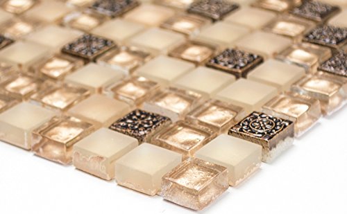 Mosaik Quadrat Crystal/Stein/Resin mix beige/beige matt Glas Naturstein Ornament Fliesenspiegel, Mosaikstein Format: 15x15x8 mm, Bogengröße: 322x305 mm, 1 Bogen/Matte von conwire