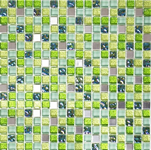 Glasmosaik Quadrat Crystal/Stahl mix grün Transluzent Transparent 3D, Mosaikstein Format: 15x15x8 mm, Bogengröße: 305x322 mm, 10 Bögen von Mosaik-Netzwerk