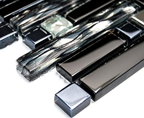 Mosaik Verbund Crystal/Edelstahl mix schwarz/Glas Metall Mix Fliesenspiegel, Mosaikstein Format: 15x48/98/148x8 mm, Bogengröße: 60 x 100 mm, 1 Handmuster ca. 6x10 cm von Mosaik-Netzwerk