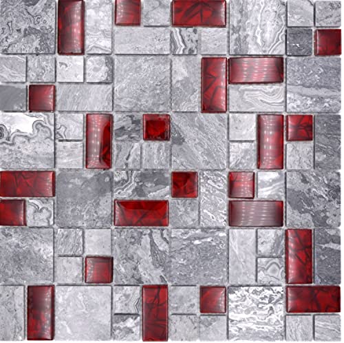 Naturstein Glasmosaik grau mit rot glänzend Wand Boden Küche Bad Dusche - 1 Matte von conwire