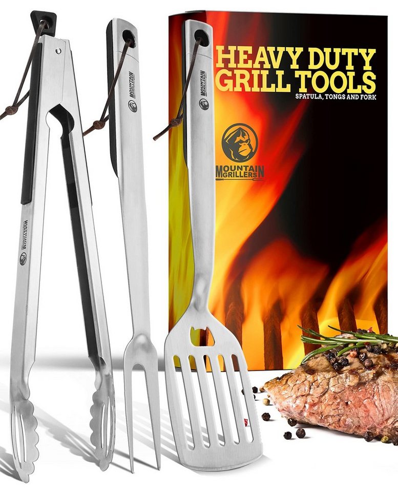 Mountain Grillers Grillbesteck-Set 3er-Pack Edelstahl Grillbesteck-Set mit Zange, Silber Edelstahl von Mountain Grillers