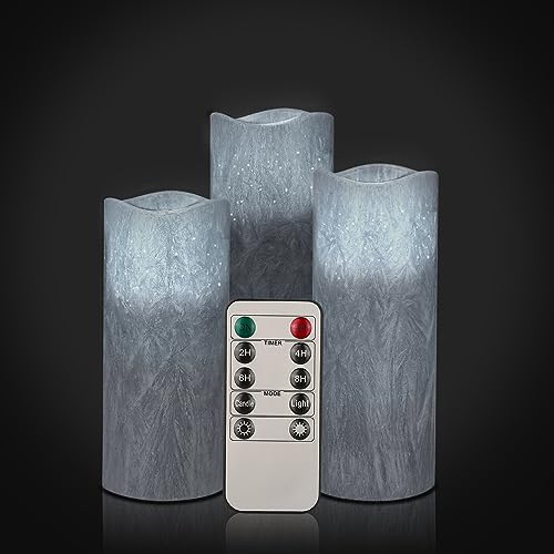 MroTech 3 LED Kerzen, Led Candle mit tropffreien Echtwachssäulen Mit realistischen tanzenden LED-Flammen Votivkerzen Elektrische Flackernde Kerzen mit Fernbedienung/Timer Teelichter,Paraffin Grau von MroTech