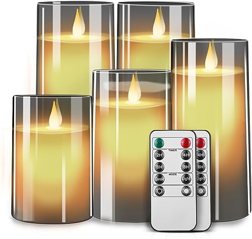 MroTech 5 LED Kerzen, Led Candle mit tropffreien Echtwachssäulen Mit realistischen tanzenden LED-Flammen Votivkerzen Elektrische Flackernde Kerzen mit Fernbedienung/Timer Teelichter für Deko,Grau von MroTech