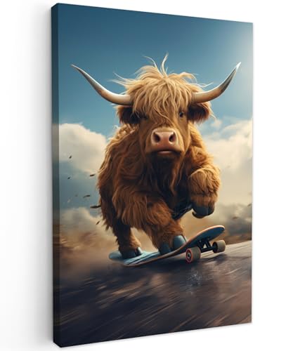 MuchoWow© Bild auf Leinwand 60x90 cm Schlafzimmer Bilder Wand Deko Wohnzimmer Modern Wanddeko Bilderwand Geschenk Schottische Hochlandrind - Kuh - Highland Cow - Hörner - Skateboard von MuchoWow