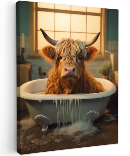 MuchoWow© Leinwandbild 30x40 cm Dekoration Wohnzimmer Bilder Aufhängen Wall Decoration Living Room Wohnungs Deko Moderne Schottische Hochlandrind - Kuh - Highland Cow - Bad - Badezimmer von MuchoWow