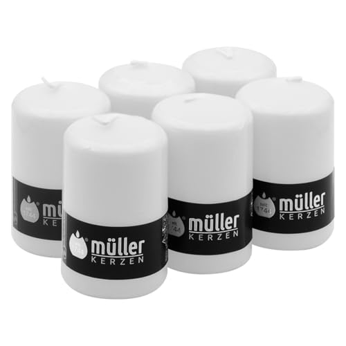 Müller Kerzen Stumpenkerzen - Set mit 6 Säulenkerzen - Farbe Weiß - 68 x 110 mm - Lange Brenndauer: 35 Stunden - Tropffrei Wachskerzen, Ohne Duft - RAL Qualität von Müller Kerzen