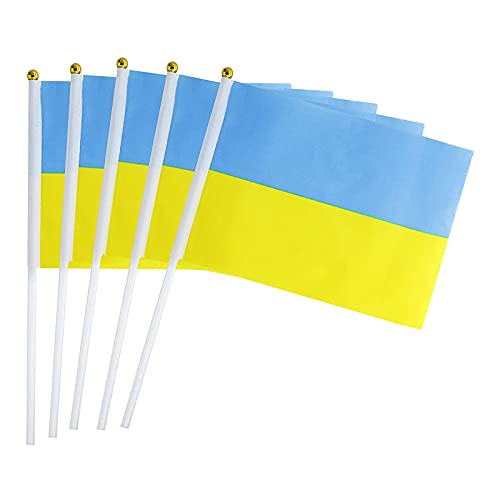 Ukraine Fahne Stockfahne/Handwinkende Mini-Bannern/jeder Stock 30 cm lang/jede Flagge 14 cm x 21 cm/Souvenir aus Ukraine/Kleine Ukraine Flagge Party Anfeuern Fahnen/Fähnchen (10PCS) von Muium(TM)
