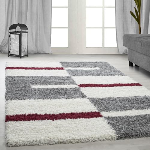 Muratap Teppich Wohnzimmer Karomuster Modern - Gala Shaggy - Hochflor Teppich Weich und Warm Schmutzabweisend und Pflegeleicht Wohnzimmerteppich - Große: 60x110 cm - Farbe: Grau/Rot von Muratap