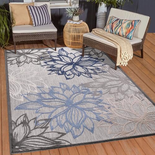 Muratap Outdoor Teppich Wetterfest - Floral - Boho Design Modern UV-beständig Teppich für Außen Garten Balkon Terrasse Badezimmer Dekoration - Große: 80x150 cm - Farbe : Grau/Blau 2 von Muratap