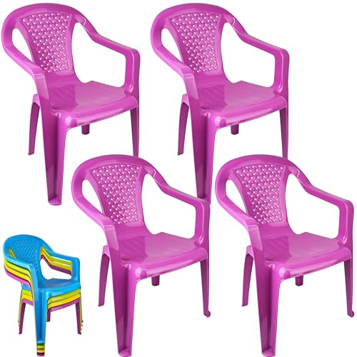 Kinderstuhl mit Armlehne - 4 Stück - Gartenstuhl, Robuster Stapelstuhl mit einer Sitzhöhe 27cm aus Kunststoff, kippsicher, wetterbeständig | Sitzgelegenheit für Innen- und Außenbereich (Lila) von My-goodbuy24