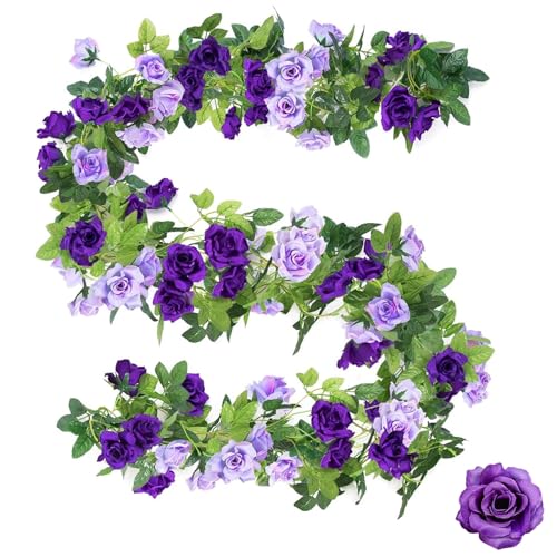 MytaYt 2 Stück Blumen Rose Hängend 2.4m Seidenblumen Vine Girlande Rebe Seidenblumen Hängend Kunstblumen Girlande Hochzeit Für Hochzeit Garten Party Zäunen Zelten Dekoration Violett von MytaYt